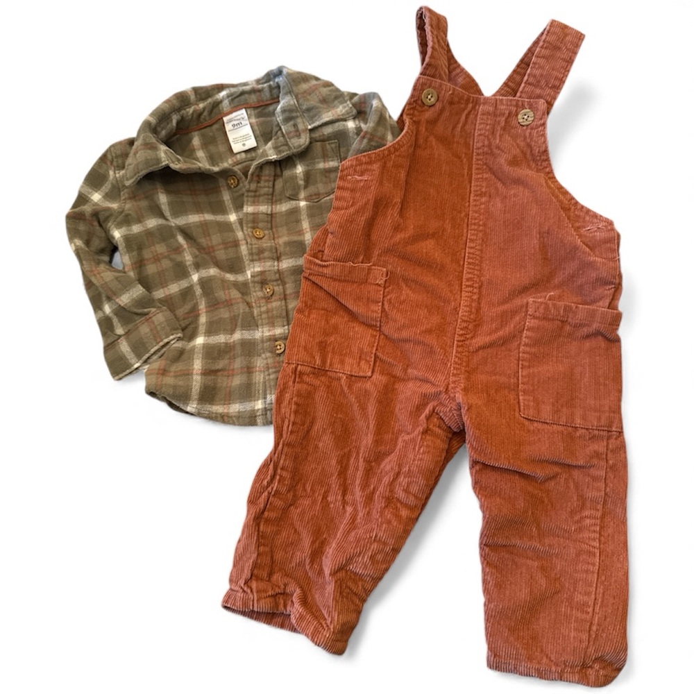 Carter's Terracotta Corduroy Overalls & Green Flannel Set - Fall 🍂